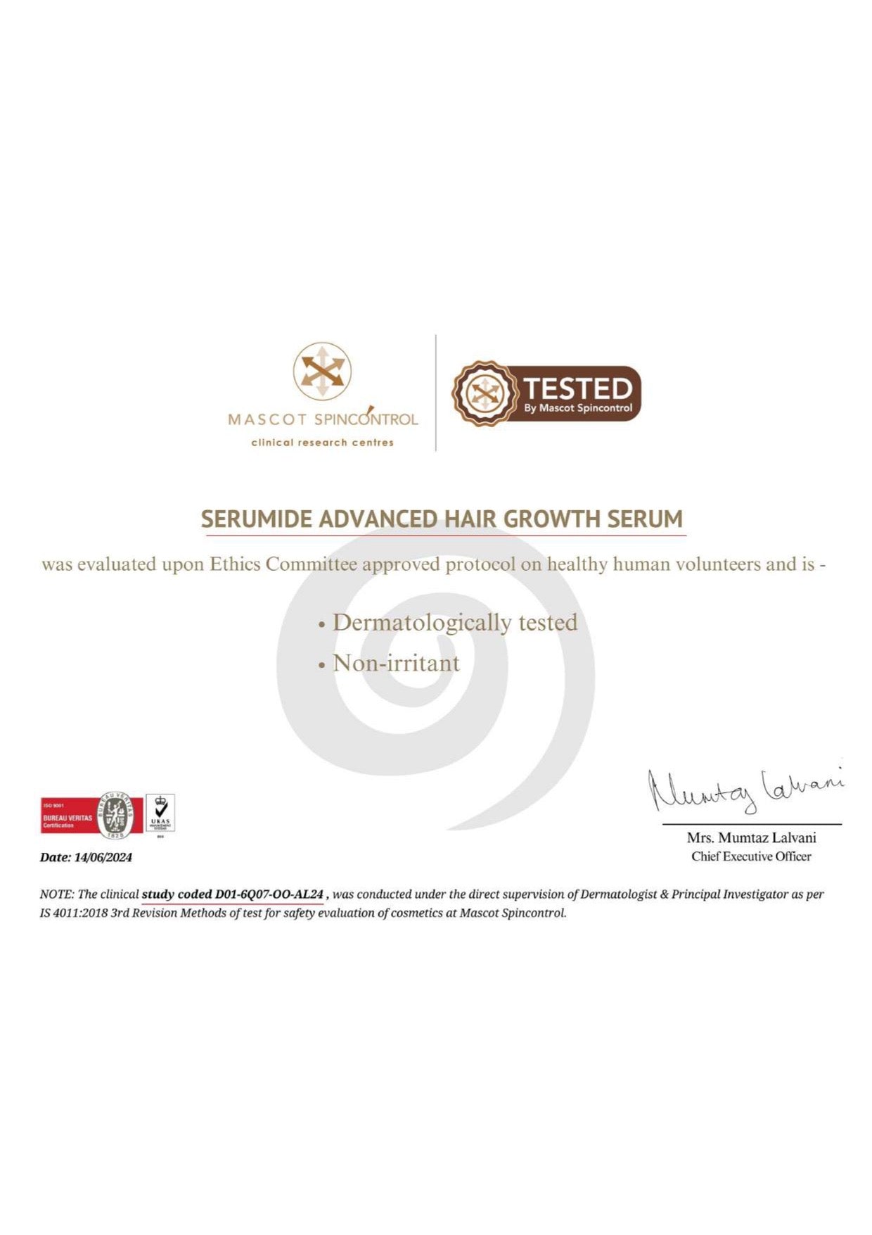 Dermatologically tested certificate for hair growth serum
