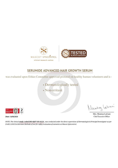 Dermatologically tested certificate for hair growth serum