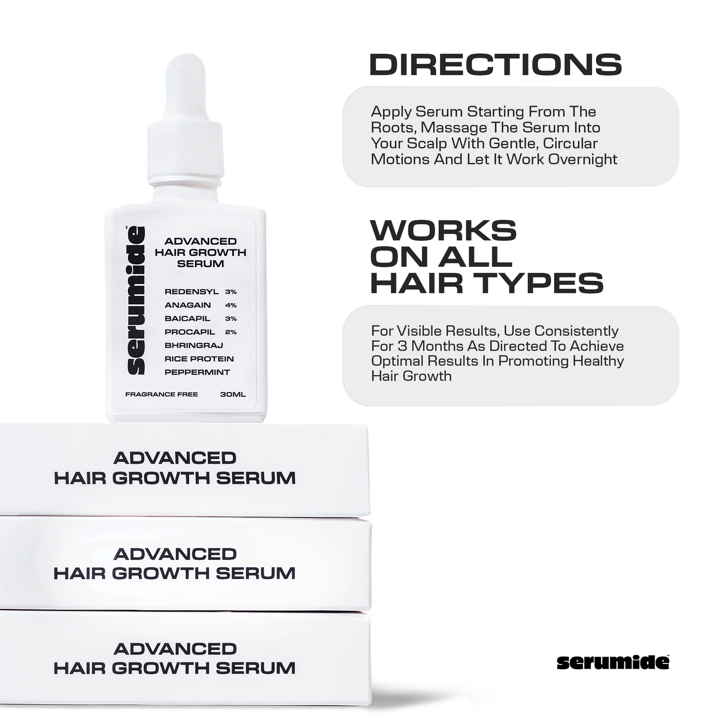 Serumide Advanced Hair Growth Serum | 3% Redensyl, 4% Anagain, 3% Baicapil, 2% Procapil, Bhringraj, Rice Protein, Peppermint | Stimulates Hair Growth & Reduces  Hair Fall | 30 ml